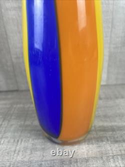 Hand Blown Murano Glass Vase Vintage Blue Yellow Orange 13 Tall