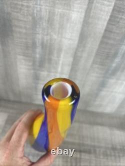 Hand Blown Murano Glass Vase Vintage Blue Yellow Orange 13 Tall