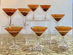 Hand Blown Murano Orange Brown Speckled Glass Martini Glasses Set Of 8 RARE