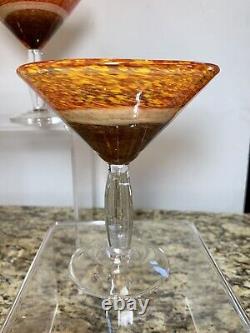 Hand Blown Murano Orange Brown Speckled Glass Martini Glasses Set Of 8 RARE