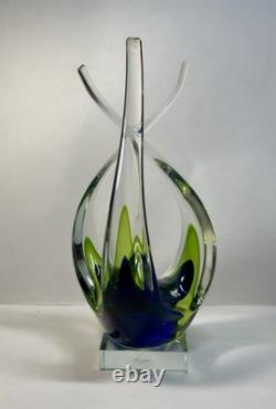 Hand Blown Murano Sommerso Art Glass Sculpture Green Blue Free Form Design