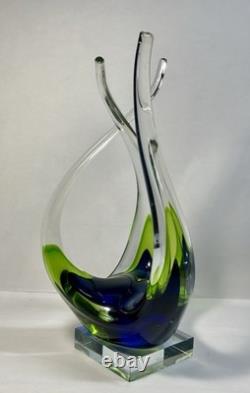 Hand Blown Murano Sommerso Art Glass Sculpture Green Blue Free Form Design
