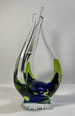 Hand Blown Murano Sommerso Art Glass Sculpture Green Blue Free Form Design