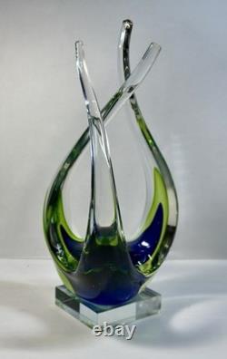 Hand Blown Murano Sommerso Art Glass Sculpture Green Blue Free Form Design