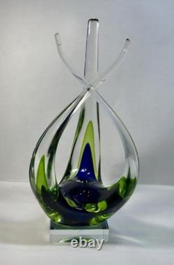 Hand Blown Murano Sommerso Art Glass Sculpture Green Blue Free Form Design