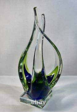 Hand Blown Murano Sommerso Art Glass Sculpture Green Blue Free Form Design