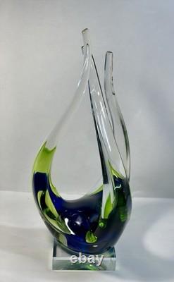 Hand Blown Murano Sommerso Art Glass Sculpture Green Blue Free Form Design