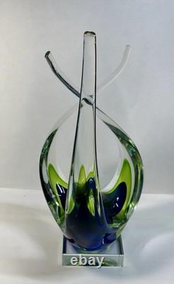 Hand Blown Murano Sommerso Art Glass Sculpture Green Blue Free Form Design