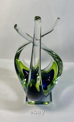 Hand Blown Murano Sommerso Art Glass Sculpture Green Blue Free Form Design