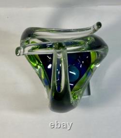 Hand Blown Murano Sommerso Art Glass Sculpture Green Blue Free Form Design