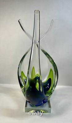 Hand Blown Murano Sommerso Art Glass Sculpture Green Blue Free Form Design
