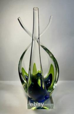 Hand Blown Murano Sommerso Art Glass Sculpture Green Blue Free Form Design