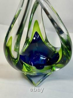 Hand Blown Murano Sommerso Art Glass Sculpture Green Blue Free Form Design
