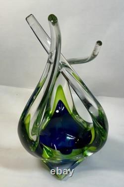 Hand Blown Murano Sommerso Art Glass Sculpture Green Blue Free Form Design