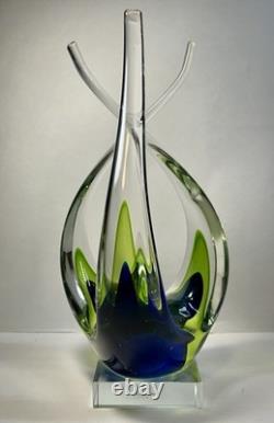 Hand Blown Murano Sommerso Art Glass Sculpture Green Blue Free Form Design