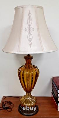 Hand-Blown Murano Style Amber Art Glass Controlled Bubbles Table Lamp Silk Shade