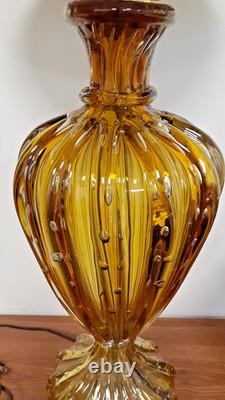 Hand-Blown Murano Style Amber Art Glass Controlled Bubbles Table Lamp Silk Shade