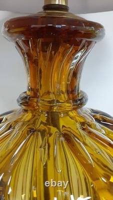 Hand-Blown Murano Style Amber Art Glass Controlled Bubbles Table Lamp Silk Shade