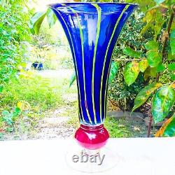 Hand Blown Murano Style Art Glass Vase Blue Yellow Red Stripes 11.5 Mid Century