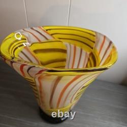 Hand Blown Murano Style Art Glass Vase Yellow Orange White Black