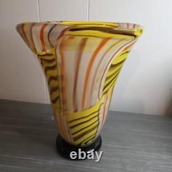 Hand Blown Murano Style Art Glass Vase Yellow Orange White Black
