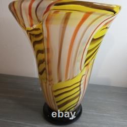 Hand Blown Murano Style Art Glass Vase Yellow Orange White Black