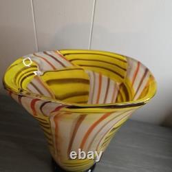 Hand Blown Murano Style Art Glass Vase Yellow Orange White Black