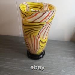 Hand Blown Murano Style Art Glass Vase Yellow Orange White Black