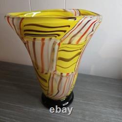Hand Blown Murano Style Art Glass Vase Yellow Orange White Black
