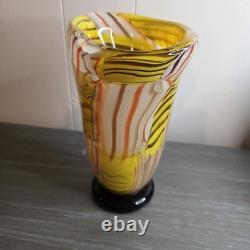 Hand Blown Murano Style Art Glass Vase Yellow Orange White Black