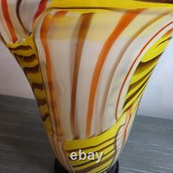 Hand Blown Murano Style Art Glass Vase Yellow Orange White Black