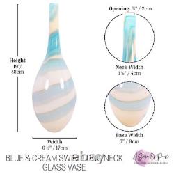 Hand Blown Murano Style Blue & Cream Swirl Long Neck Art Glass Vase 19 Tall