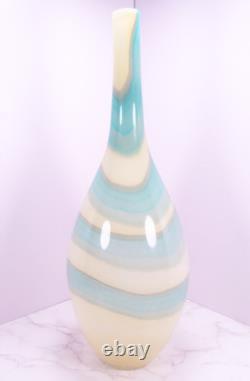 Hand Blown Murano Style Blue & Cream Swirl Long Neck Art Glass Vase 19 Tall