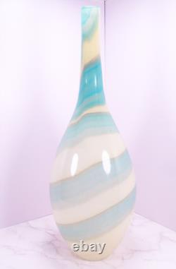 Hand Blown Murano Style Blue & Cream Swirl Long Neck Art Glass Vase 19 Tall