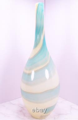 Hand Blown Murano Style Blue & Cream Swirl Long Neck Art Glass Vase 19 Tall
