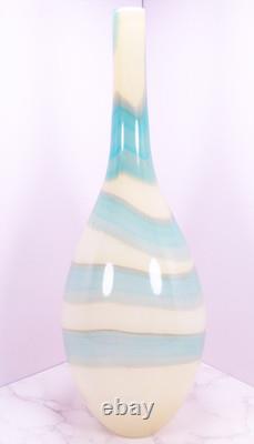 Hand Blown Murano Style Blue & Cream Swirl Long Neck Art Glass Vase 19 Tall
