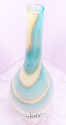 Hand Blown Murano Style Blue & Cream Swirl Long Neck Art Glass Vase 19 Tall