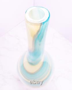 Hand Blown Murano Style Blue & Cream Swirl Long Neck Art Glass Vase 19 Tall