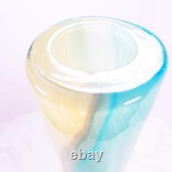 Hand Blown Murano Style Blue & Cream Swirl Long Neck Art Glass Vase 19 Tall