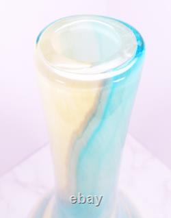Hand Blown Murano Style Blue & Cream Swirl Long Neck Art Glass Vase 19 Tall