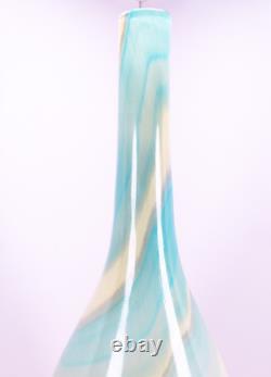 Hand Blown Murano Style Blue & Cream Swirl Long Neck Art Glass Vase 19 Tall