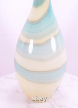 Hand Blown Murano Style Blue & Cream Swirl Long Neck Art Glass Vase 19 Tall