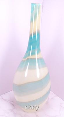 Hand Blown Murano Style Blue & Cream Swirl Long Neck Art Glass Vase 19 Tall