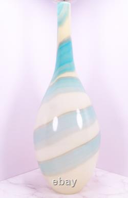 Hand Blown Murano Style Blue & Cream Swirl Long Neck Art Glass Vase 19 Tall