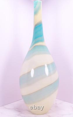 Hand Blown Murano Style Blue & Cream Swirl Long Neck Art Glass Vase 19 Tall