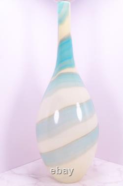 Hand Blown Murano Style Blue & Cream Swirl Long Neck Art Glass Vase 19 Tall
