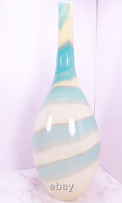 Hand Blown Murano Style Blue & Cream Swirl Long Neck Art Glass Vase 19 Tall