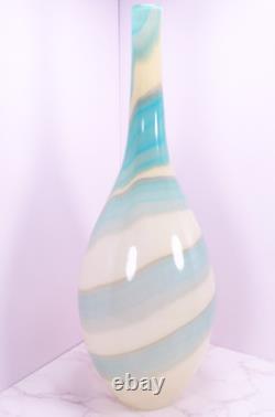 Hand Blown Murano Style Blue & Cream Swirl Long Neck Art Glass Vase 19 Tall