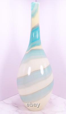 Hand Blown Murano Style Blue & Cream Swirl Long Neck Art Glass Vase 19 Tall