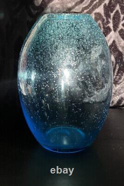 Hand Blown Murano Style Controlled Bubbles Art Glass Vase Blue 6 1/4 Tall